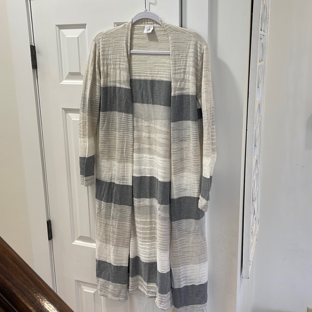 Cabi Long Striped Cardigan Gray, Cream, White - Picture 3 of 3